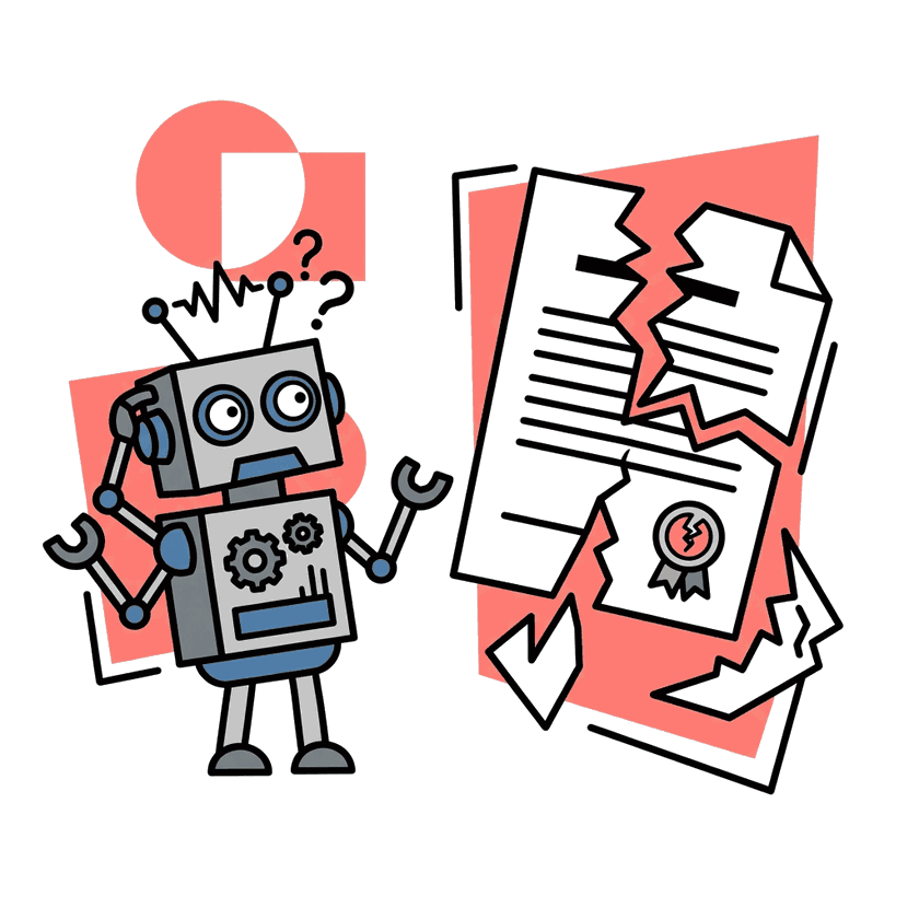 A confused robot standing beside broken generated documents
